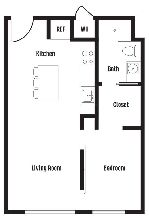Floor plan for 1 bed, 1 bath, 590 sqft